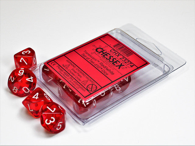 Translucent Red w/white - d10 Dice Set (10) - Chessex