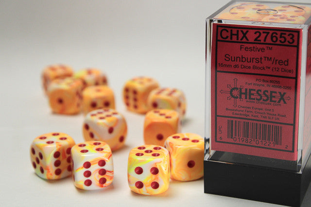 Festive Sunburst w/Red - 16mm d6 Dice Block (12) - Chessex