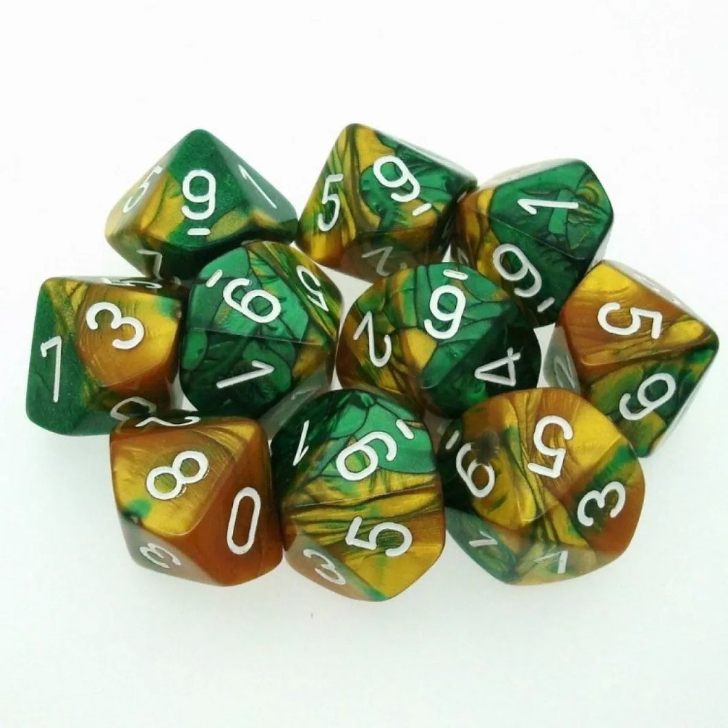 Gemini Gold Green w/White - d10 Dice Set (10) - Chessex