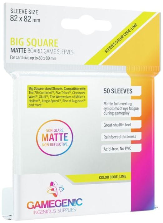 Big Square (82mm x 82mm) - Clear (Code: Lime) - Matte Board Game Sleeves - Pack 50 - Gamegenic