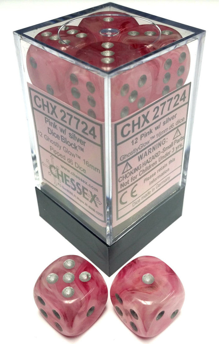 Ghostly Glow Pink w/Silver - 16mm d6 Dice Block (12) - Chessex