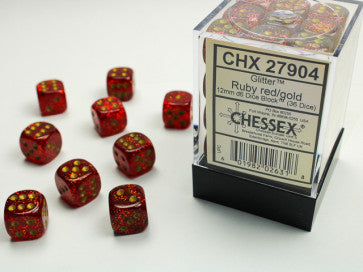 Glitter Ruby Red/Gold - 12mm d6 Dice Block (36) - Chessex
