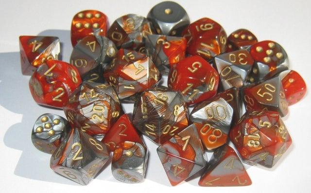 Chessex Polyhedral Dice Set - Gemini Orange - Steel/Gold - Mega Games Penrith