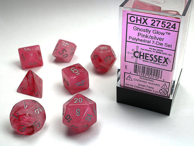 Ghostly Glow Pink w/Silver - Polyhedral Dice Set (7) - Chessex