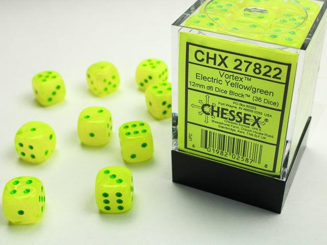 Chessex Dice set - Vortex Electric Yellow/Green 12mm D6 ( 36 ) - Mega Games Penrith