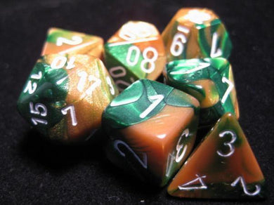 Chessex Gemini Polyhedral Dice Set - Gold - Green / White - Mega Games Penrith