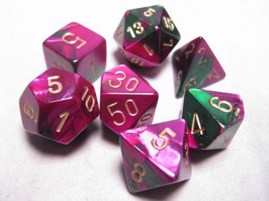 Chessex Gemini Polyhedral Dice Set - Green - Purple/Gold - Mega Games Penrith
