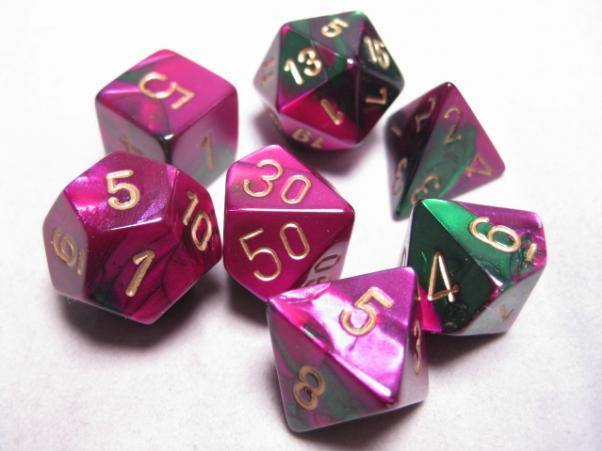 Chessex Gemini Polyhedral Dice Set - Green - Purple/Gold - Mega Games Penrith