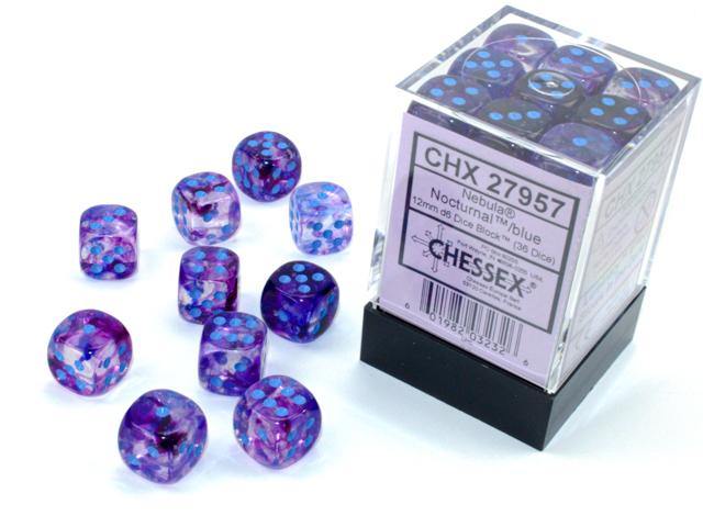 Chessex Nebula 12mm D6 Nocturnal/Blue Luminary Dice Block ( 36 ) - Mega Games Penrith