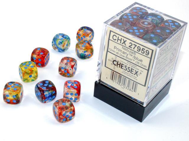 Chessex Nebula 12mm D6  Primary/Blue Luminary Dice Block ( 36 ) - Mega Games Penrith