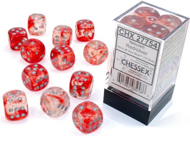 Chessex Nebula 16mm D6 Red/Silver Luminary Dice Block (12) - Mega Games Penrith