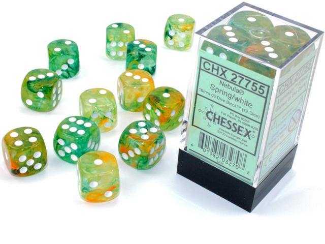 Chessex Nebula 16mm Spring/White Luminary Dice Block ( 12 ) - Mega Games Penrith