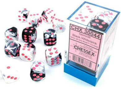 Chessex Gemini 16mm D6 Black/White-Pink Dice Block ( 12 ) - Mega Games Penrith