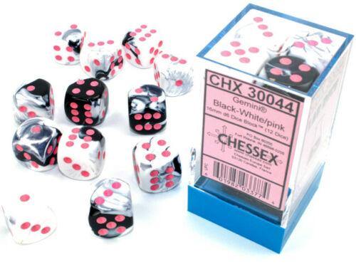 Chessex Gemini 16mm D6 Black/White-Pink Dice Block ( 12 ) - Mega Games Penrith
