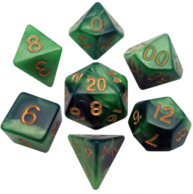 MDG 16mm Acrylic Polyhedral Dice Set - Green/Light Green with Gold Numbers - Mega Games Penrith