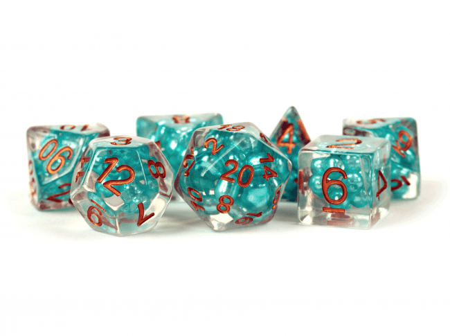 MDG 16mm Resin Polyhedral Dice Set - Pearl Teal w/ Copper Numbers - Mega Games Penrith