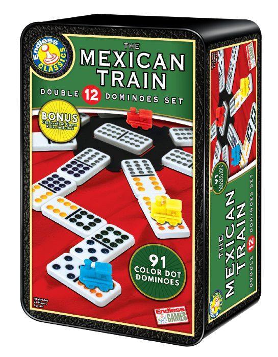Mexican Train Dominoes Double 12  In Tin With Chicken Foot Rules Included - Mega Games Penrith