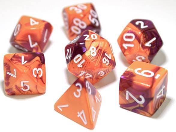 Chessex Gemini Polyhedral Dice Set - Orange-Purple/White - Mega Games Penrith