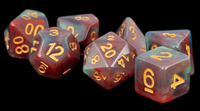 MDG 16mm Resin Polyhedral Dice Set - Red Pearl Swirl - Mega Games Penrith