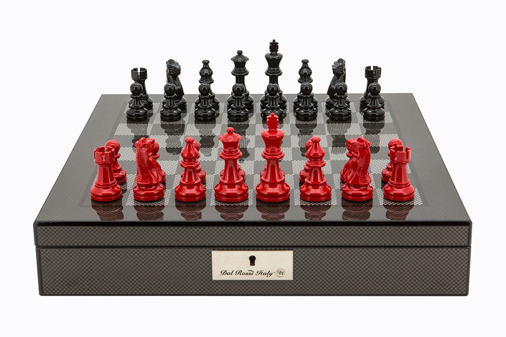 Dal Rossi Chess Set -16in  Carbon Fibre Board/Box & Black/Red 85mm American Staunton Pieces
