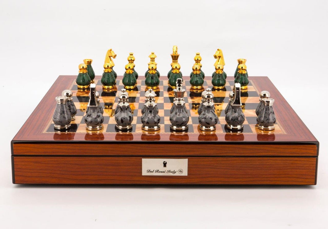 Dal Rossi Chess Set - 20in Shiny Finish Board w/compartments & Green/Grey Pcs
