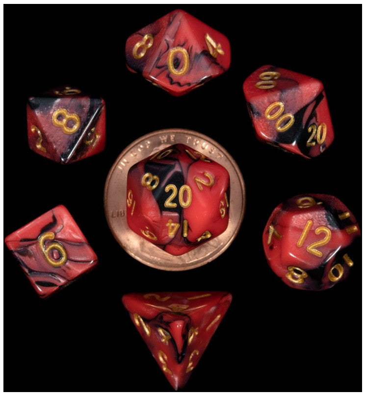 Red/Black w/Gold - 10mm Mini Polyhedral Dice Set (7) - MDG