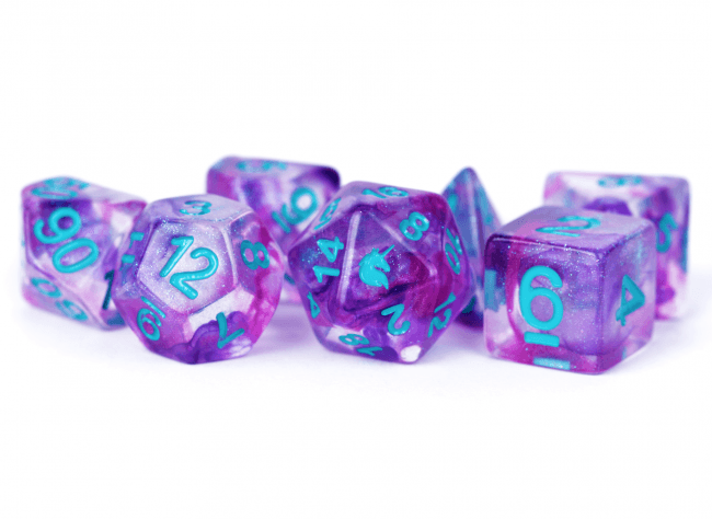 MDG 16mm Resin Polyhedral Dice Set - Unicorn Violet Infusion - Mega Games Penrith